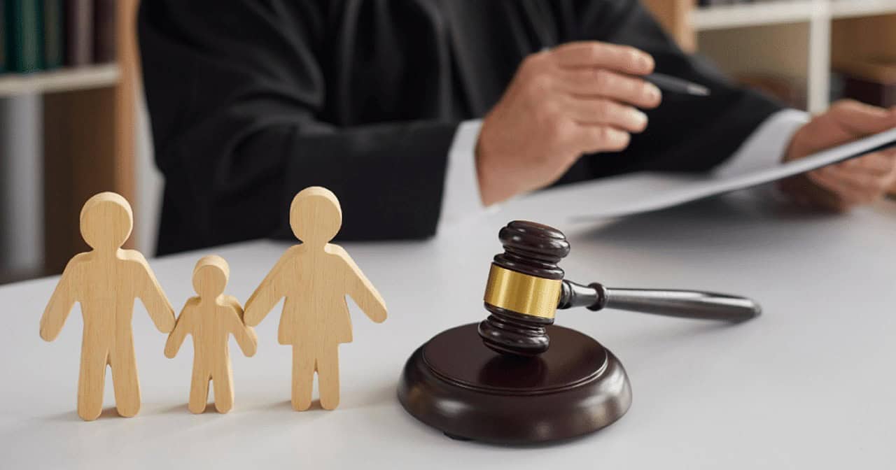 Lawyer with family figures and gavel, legal advice for family law cases.